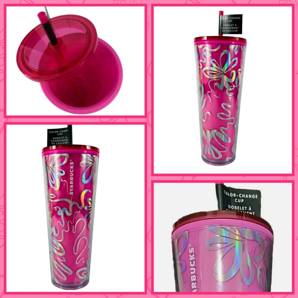 Starbucks Hot Pink Tumbler w/ Silver Color Changing Ribbons